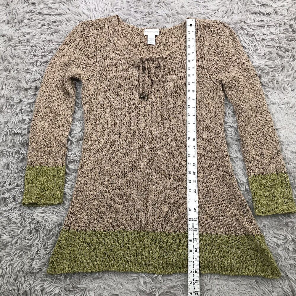 Soft Surroundings Sweater Open‎ Weave Brown Green Stripe Lace Up V-Neck Tunic L - Picture 6 of 7